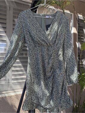 Fashion Nova Sage Green Floral Wrap Dress with Long Sleeves